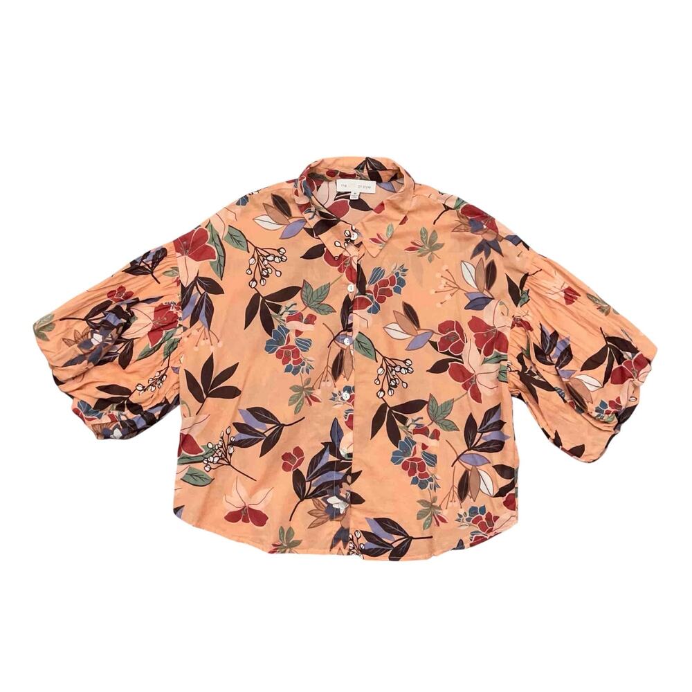 The Line of Style Floral Colorful Blouse M Orange Multi Button Up Boho Whimsy